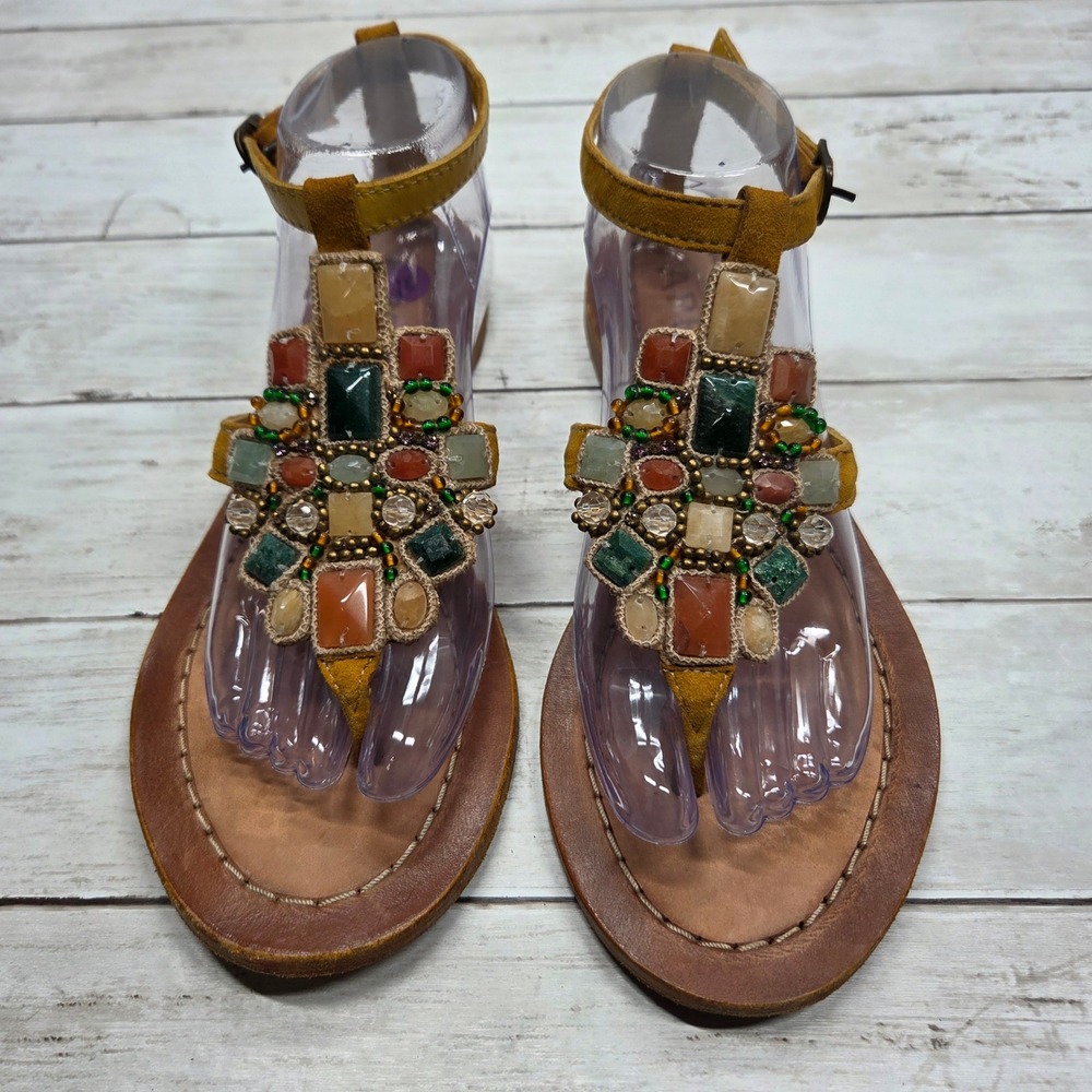 Apepazza Beaded Gemstone Leather Thong Sandals Women 10 Yellow Boho Flat
